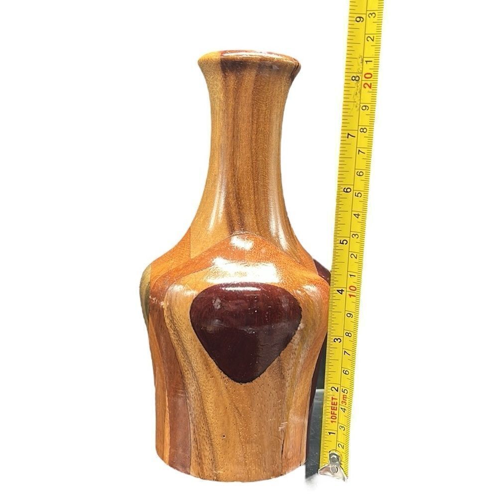 Wooden Vase Studio Crafted Handmade Multi-Tone Artisan Unique Eclectic 8.25" - Picture 7 of 8